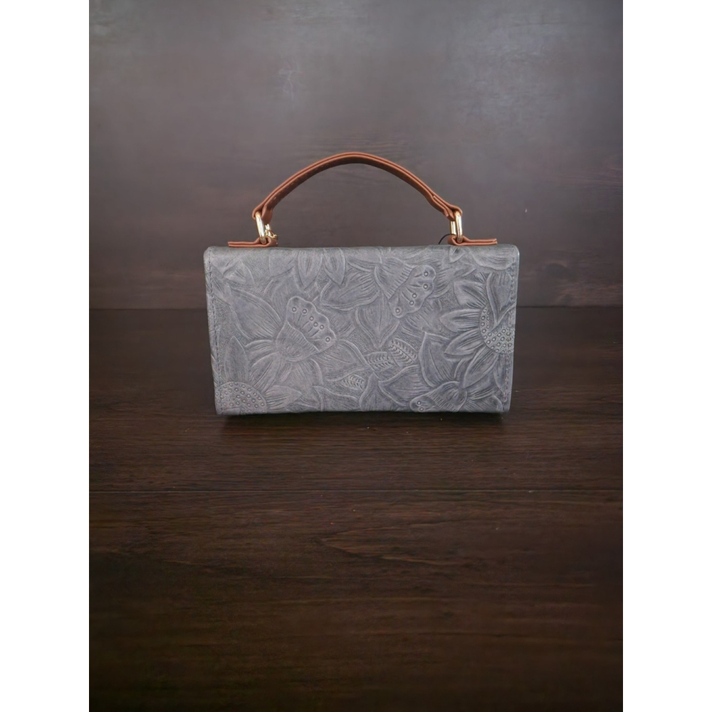 Light Blue Gray Sunflower Embossed Tooled Artisan LEATHER Crossbody Bag Purse - Picture 6 of 15